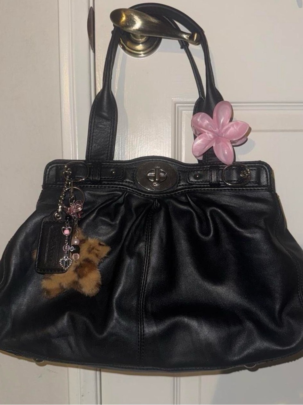 Coach Garnet Turn-lock Black Leather Shoulder Bag with Charm